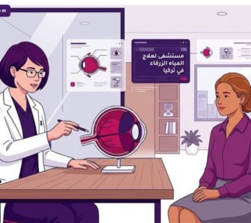 رسوم توضيحية لعيادة حديثة يظهر فيها طبيب يشرح كيفية العلاج في مستشفى لعلاج المياه الزرقاء في تركيا 