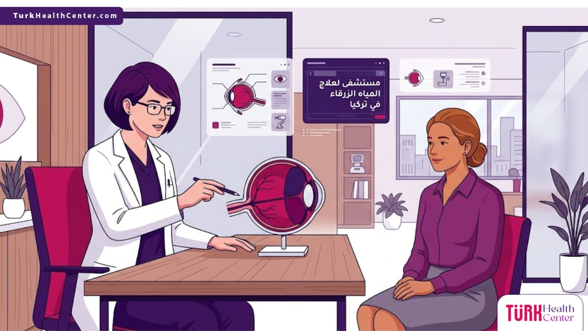 رسوم توضيحية لعيادة حديثة يظهر فيها طبيب يشرح كيفية العلاج في مستشفى لعلاج المياه الزرقاء في تركيا