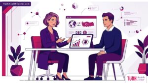 رسم توضيحي عصري يظهر طبيب يشرح تفاصيل سعر القرنية المستوردة في تركيا للمريض داخل عيادة فاخرة 