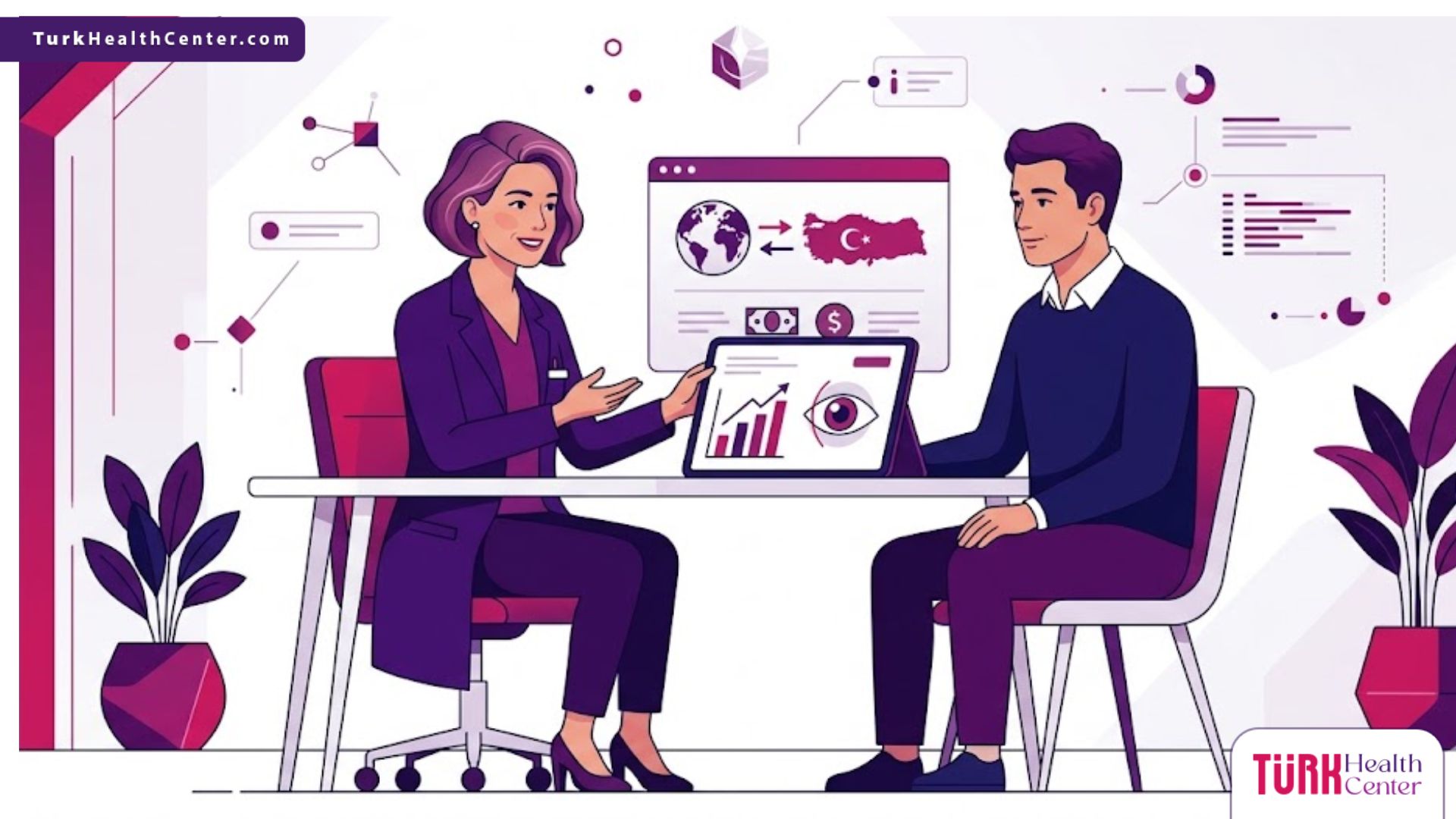 رسم توضيحي عصري يظهر طبيب يشرح تفاصيل سعر القرنية المستوردة في تركيا للمريض داخل عيادة فاخرة 