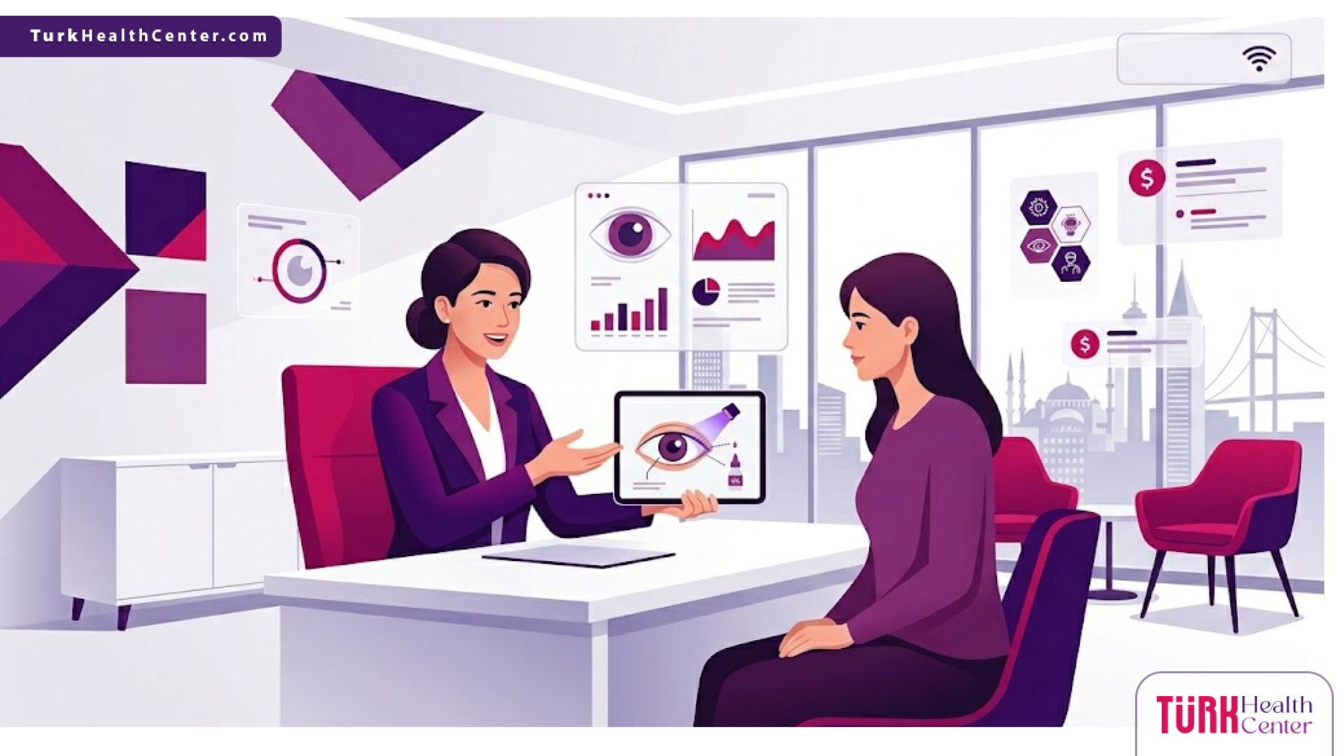 رسوم توضيحية لعيادة عيون حديثة تشرح سعر عملية تثبيت القرنية في تركيا للمرضى 