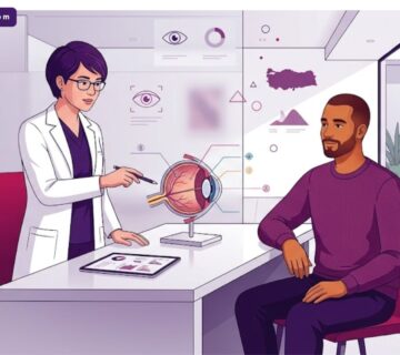 رسم توضيحي يظهر طبيب يشرح إجراءات العلاج داخل مستشفيات علاج الحول في تركيا بتصميم عصري 