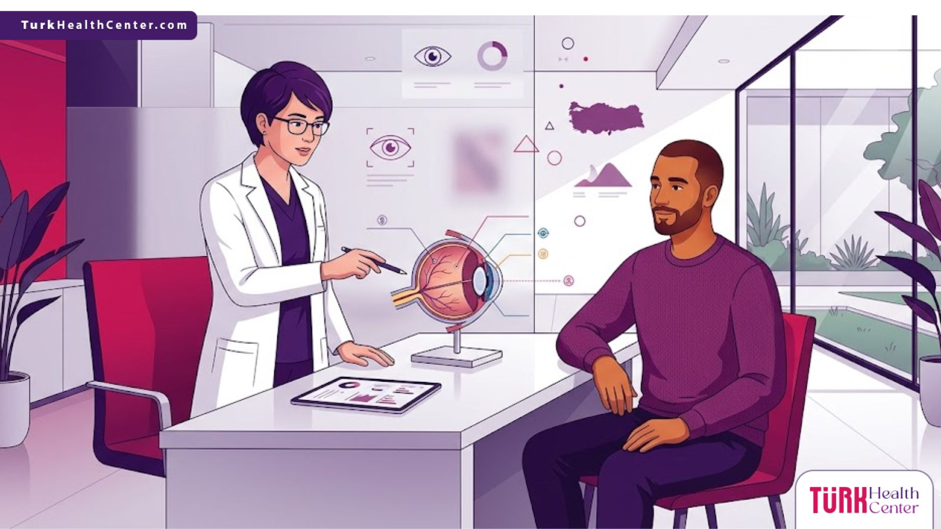 رسم توضيحي يظهر طبيب يشرح إجراءات العلاج داخل مستشفيات علاج الحول في تركيا بتصميم عصري