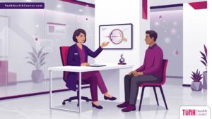 رسم توضيحي يظهر طبيب عيون يشرح للمريض تفاصيل وسعر جلسة ليزر الشبكية في عيادة حديثة 