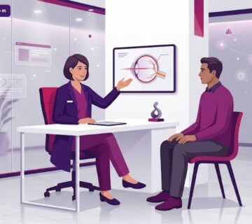 رسم توضيحي يظهر طبيب عيون يشرح للمريض تفاصيل وسعر جلسة ليزر الشبكية في عيادة حديثة 