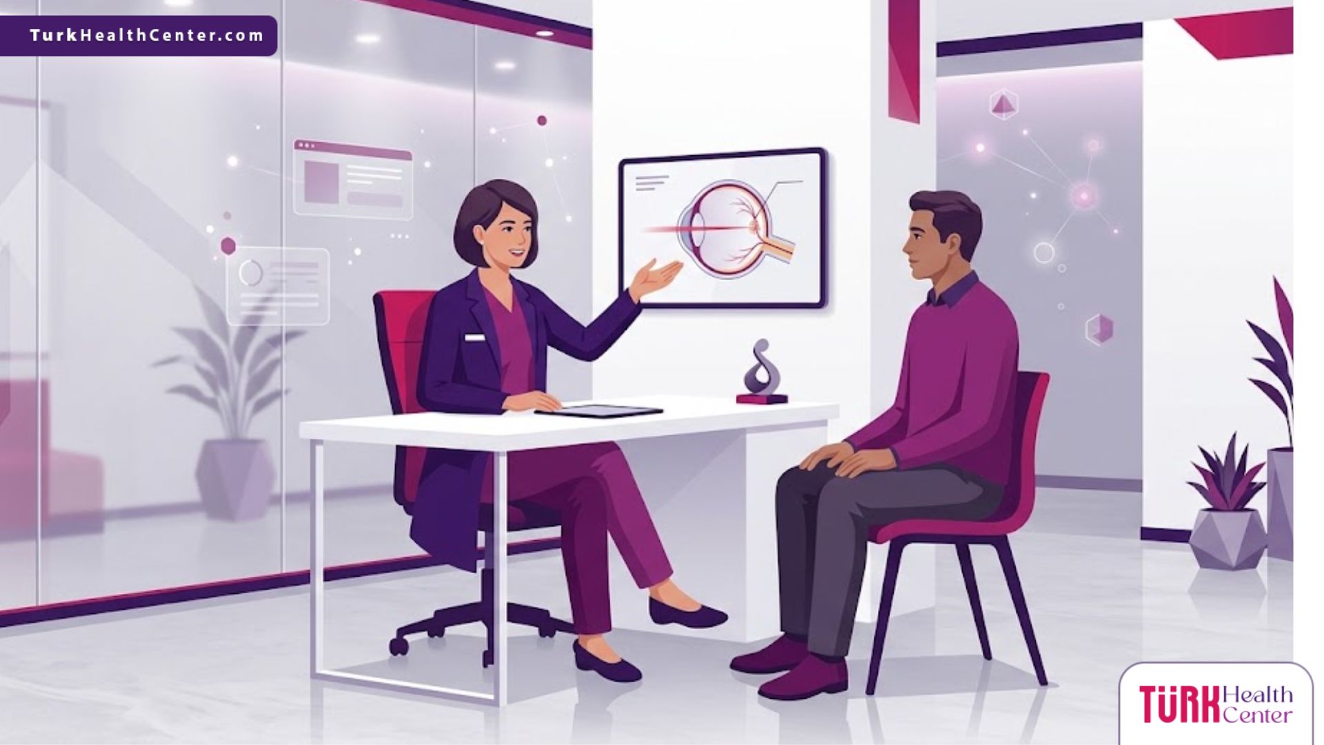 رسم توضيحي يظهر طبيب عيون يشرح للمريض تفاصيل وسعر جلسة ليزر الشبكية في عيادة حديثة 