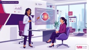 رسم توضيحي عصري يظهر طبيب يشرح سعر عملية تصحيح الحول في تركيا للمريض داخل عيادة فاخرة 