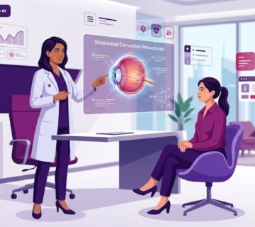 رسم توضيحي عصري يظهر طبيب يشرح سعر عملية تصحيح الحول في تركيا للمريض داخل عيادة فاخرة 