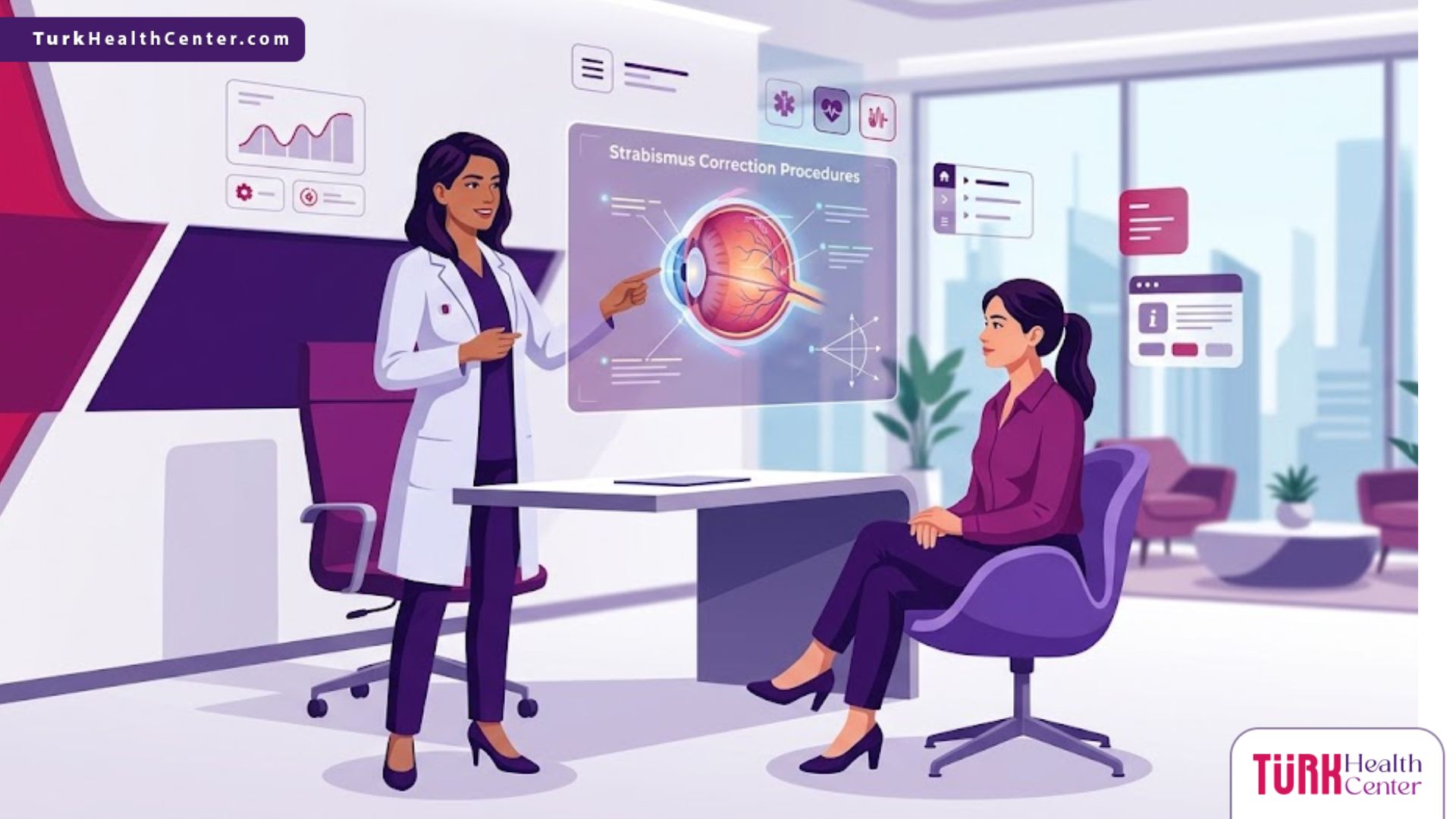 رسم توضيحي عصري يظهر طبيب يشرح سعر عملية تصحيح الحول في تركيا للمريض داخل عيادة فاخرة 