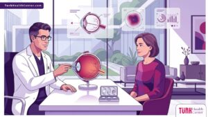 رسم توضيحي عصري يظهر دكتور استشاري عيون في تركيا يشرح إجراءات العلاج لمريض داخل عيادة فاخرة 