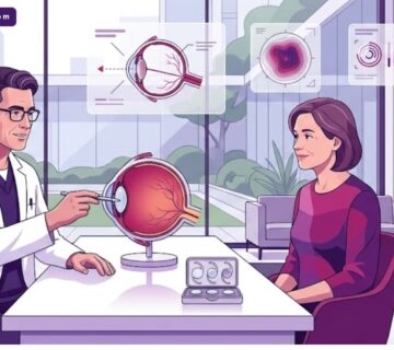 رسم توضيحي عصري يظهر دكتور استشاري عيون في تركيا يشرح إجراءات العلاج لمريض داخل عيادة فاخرة 