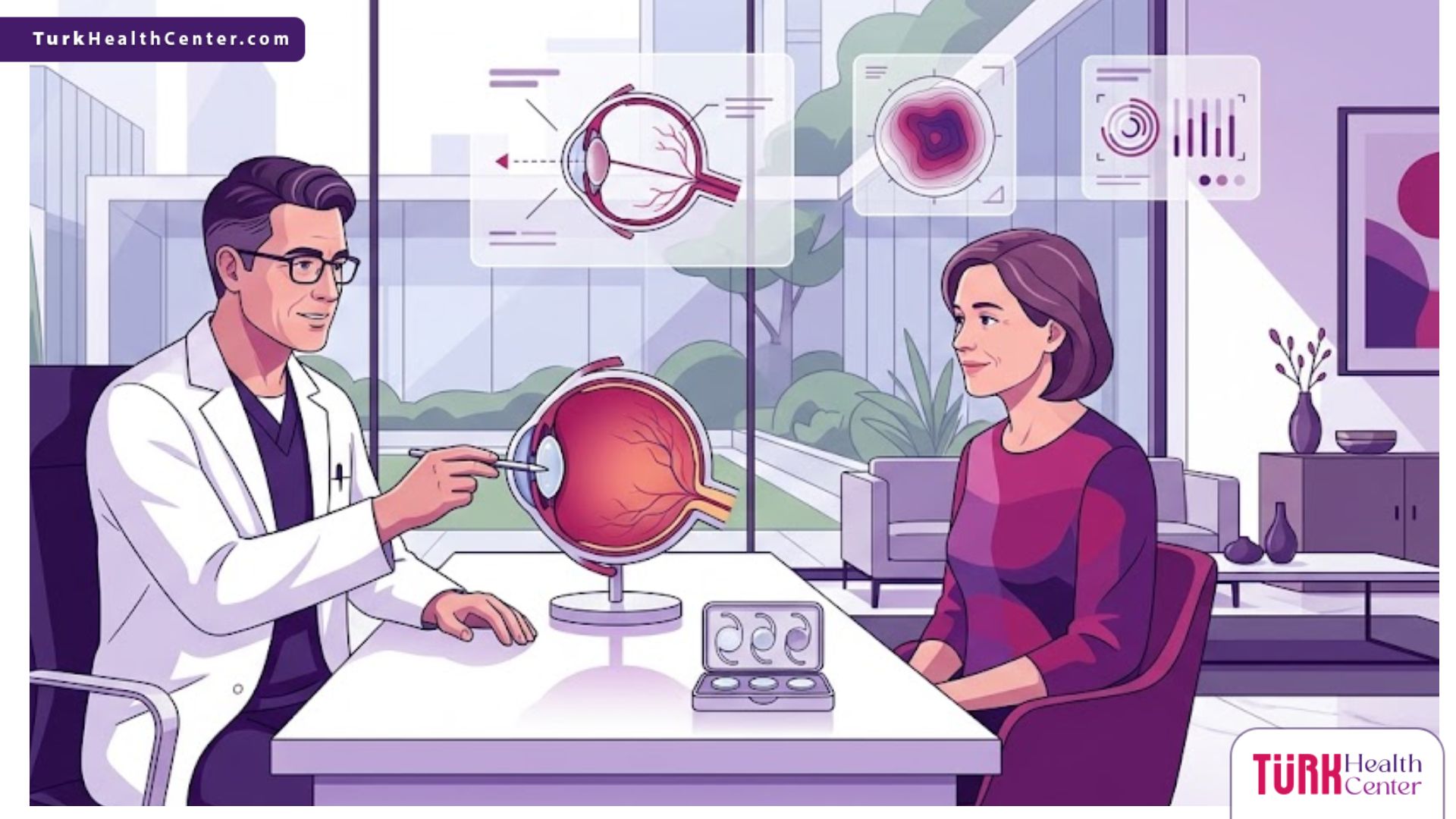 رسم توضيحي عصري يظهر دكتور استشاري عيون في تركيا يشرح إجراءات العلاج لمريض داخل عيادة فاخرة