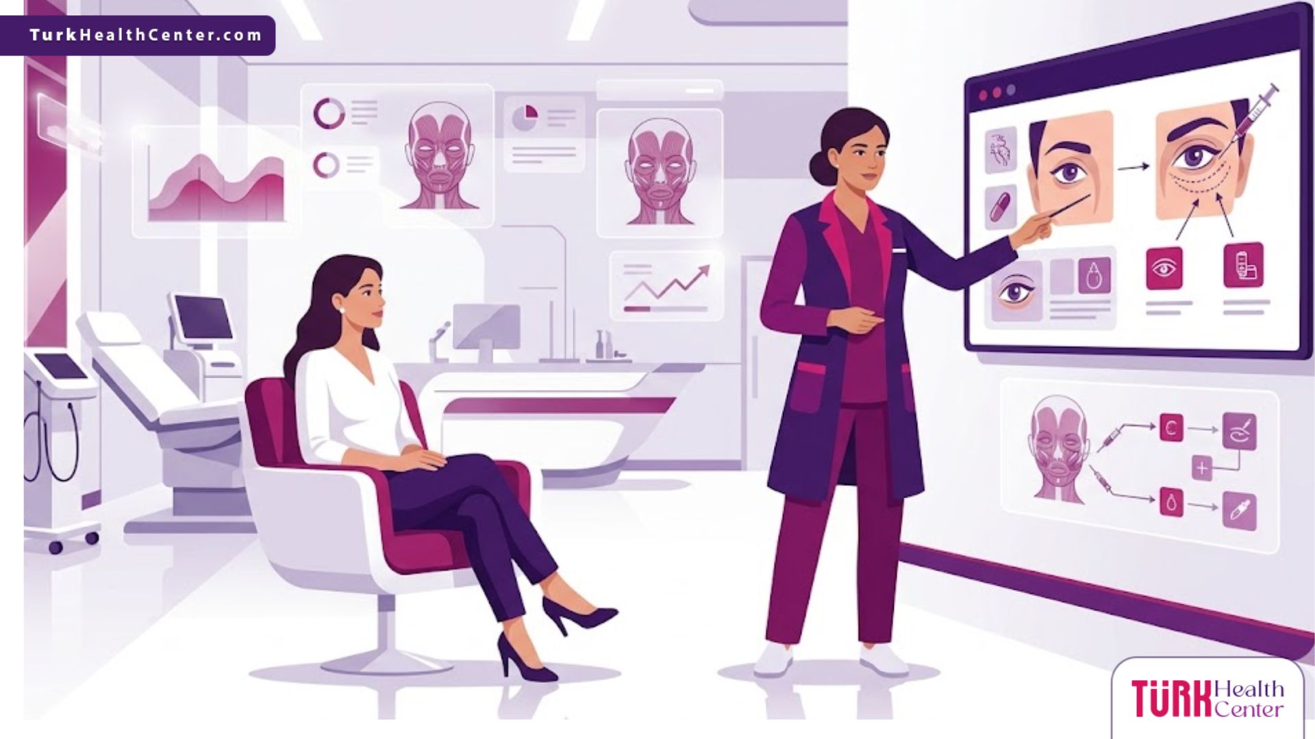 رسوم توضيحية لعيادة طبية فاخرة تشرح سعر حقن البوتوكس حول العين في تركيا للمرضى 