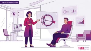 رسم توضيحي يظهر طبيب يشرح سعر عملية زراعة القرنية الطبقية (DALK) للمريض داخل عيادة فاخرة 