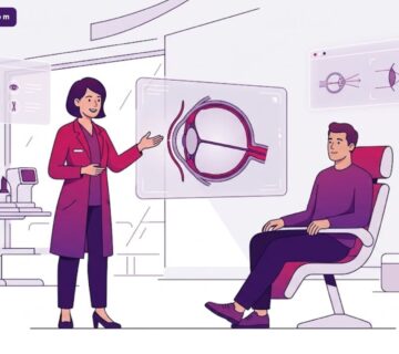 رسم توضيحي يظهر طبيب يشرح سعر عملية زراعة القرنية الطبقية (DALK) للمريض داخل عيادة فاخرة 