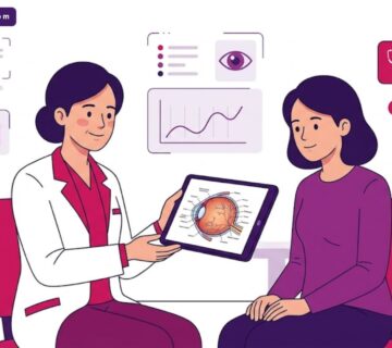 رسم توضيحي يظهر طبيب يشرح إجراءات مركز جراحات العيون في تركيا لمريض في عيادة فاخرة بألوان أرجوانية عصرية 