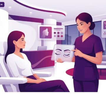 رسوم توضيحية فاخرة تظهر دكتور تجميل جفون في تركيا يشرح تفاصيل العملية للمريض في عيادة حديثة 