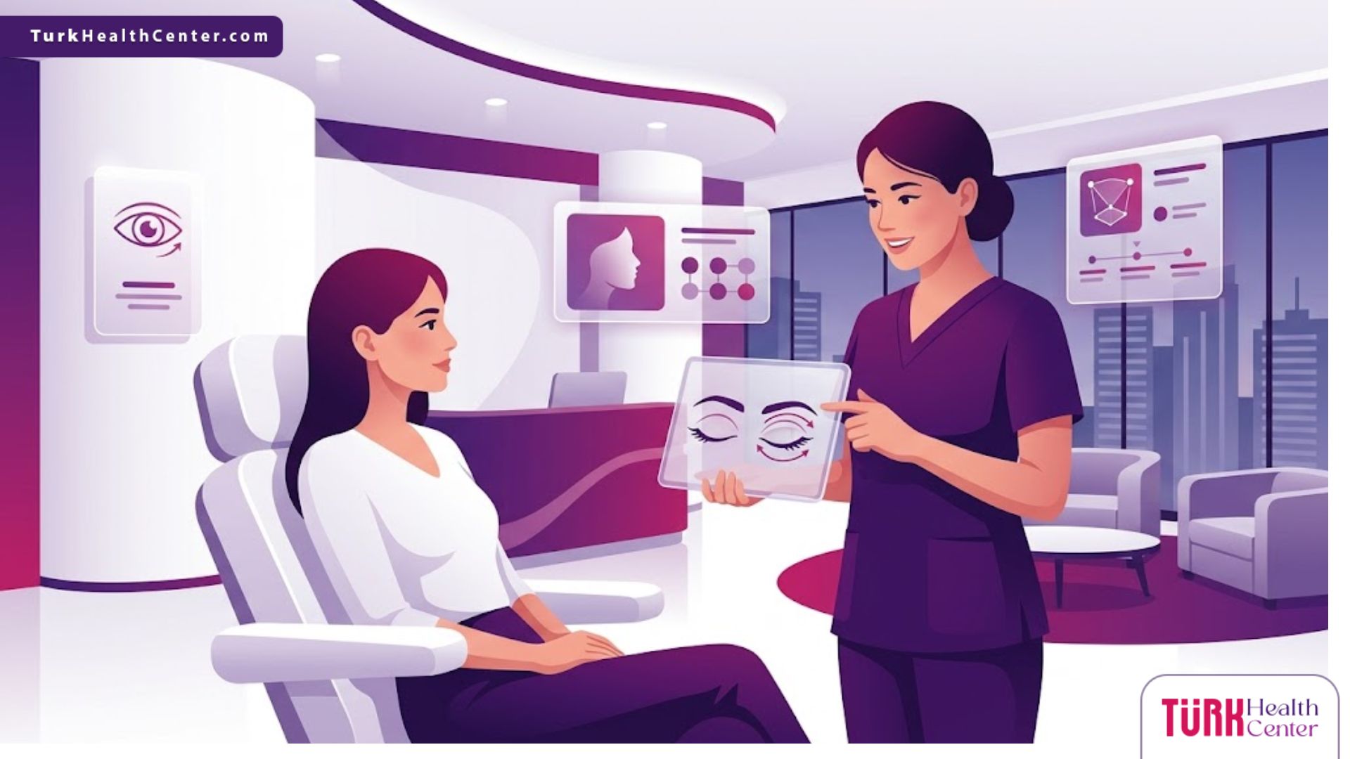 رسوم توضيحية فاخرة تظهر دكتور تجميل جفون في تركيا يشرح تفاصيل العملية للمريض في عيادة حديثة