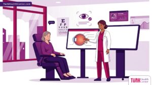 رسوم توضيحية فاخرة لطبيب يشرح سعر حقن الشبكية في تركيا لمريض داخل عيادة عيون حديثة 