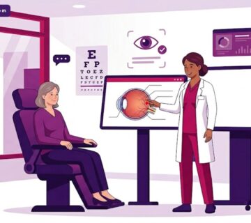 رسوم توضيحية فاخرة لطبيب يشرح سعر حقن الشبكية في تركيا لمريض داخل عيادة عيون حديثة 