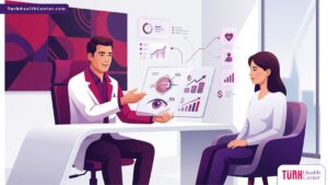 رسوم توضيحية لعيادة طبية حديثة تشرح سعر عملية زرع العدسة فوق القزحية في تركيا بشكل احترافي 