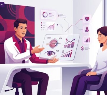 رسوم توضيحية لعيادة طبية حديثة تشرح سعر عملية زرع العدسة فوق القزحية في تركيا بشكل احترافي 