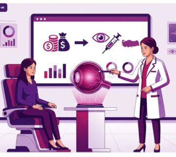 رسوم توضيحية فاخرة تظهر طبيب عيون يشرح تفاصيل إجراءات سعر حقن العين في تركيا لمريض في عيادة حديثة 