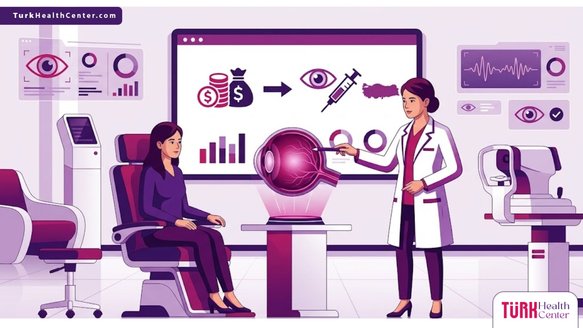 رسوم توضيحية فاخرة تظهر طبيب عيون يشرح تفاصيل إجراءات سعر حقن العين في تركيا لمريض في عيادة حديثة 