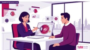 رسم توضيحي احترافي يوضح طبيب يشرح تفاصيل سعر عملية زرع العدسة في تركيا لمريض في عيادة فاخرة 