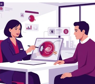 رسم توضيحي احترافي يوضح طبيب يشرح تفاصيل سعر عملية زرع العدسة في تركيا لمريض في عيادة فاخرة 