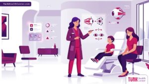 رسوم توضيحية لعيادة عيون حديثة حيث يقوم دكتور حول أطفال شاطر في تركيا بشرح خطة العلاج 