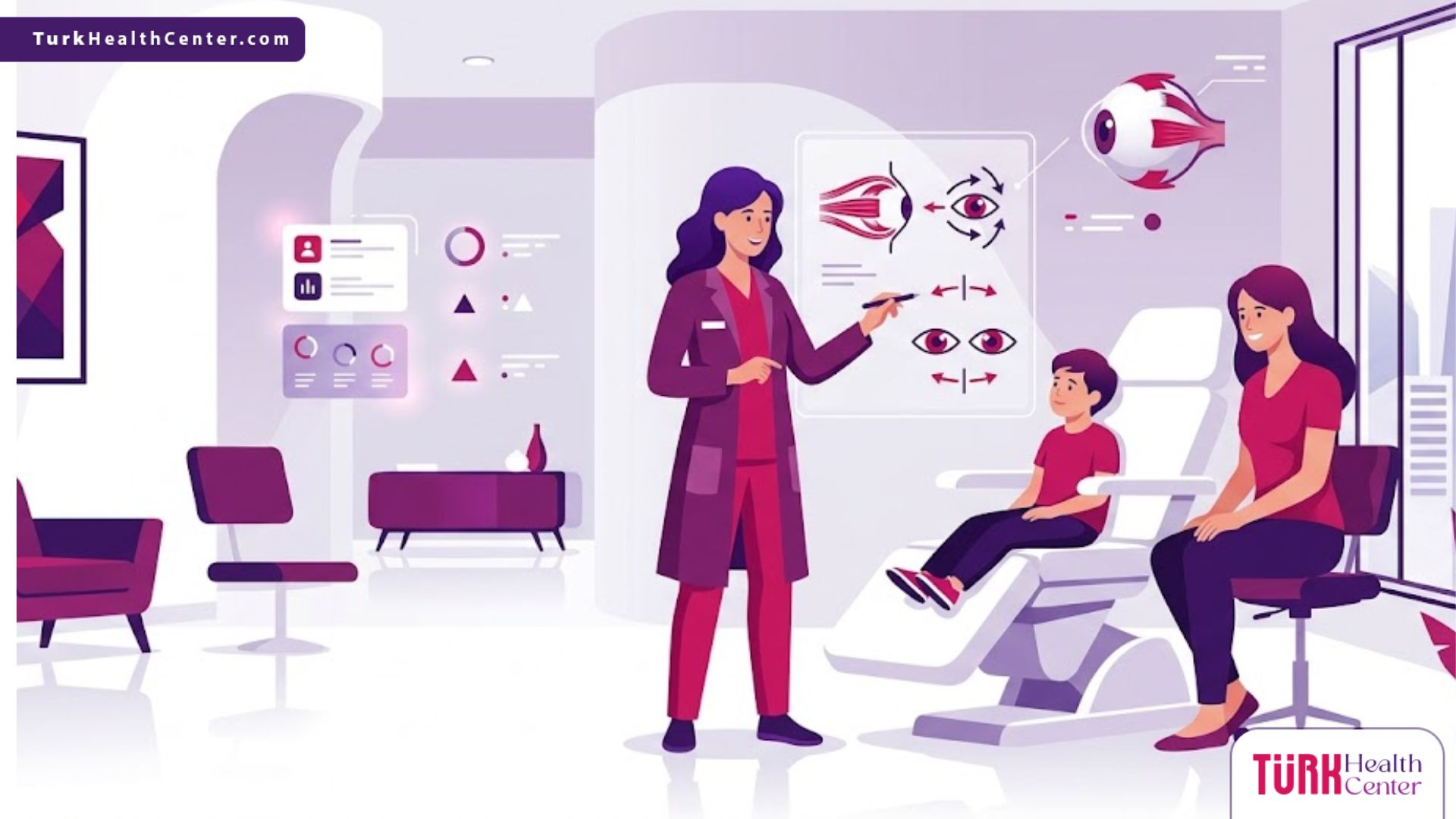 رسوم توضيحية لعيادة عيون حديثة حيث يقوم دكتور حول أطفال شاطر في تركيا بشرح خطة العلاج