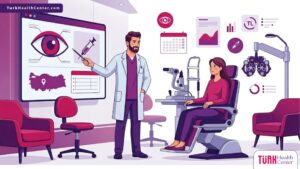 رسم توضيحي يظهر طبيب عيون يشرح تفاصيل إجراءات سعر حقن الكورتيزون للعين في تركيا لمريض داخل عيادة فاخرة 