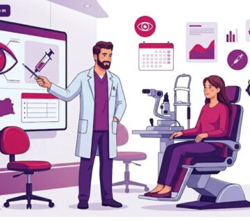 رسم توضيحي يظهر طبيب عيون يشرح تفاصيل إجراءات سعر حقن الكورتيزون للعين في تركيا لمريض داخل عيادة فاخرة 