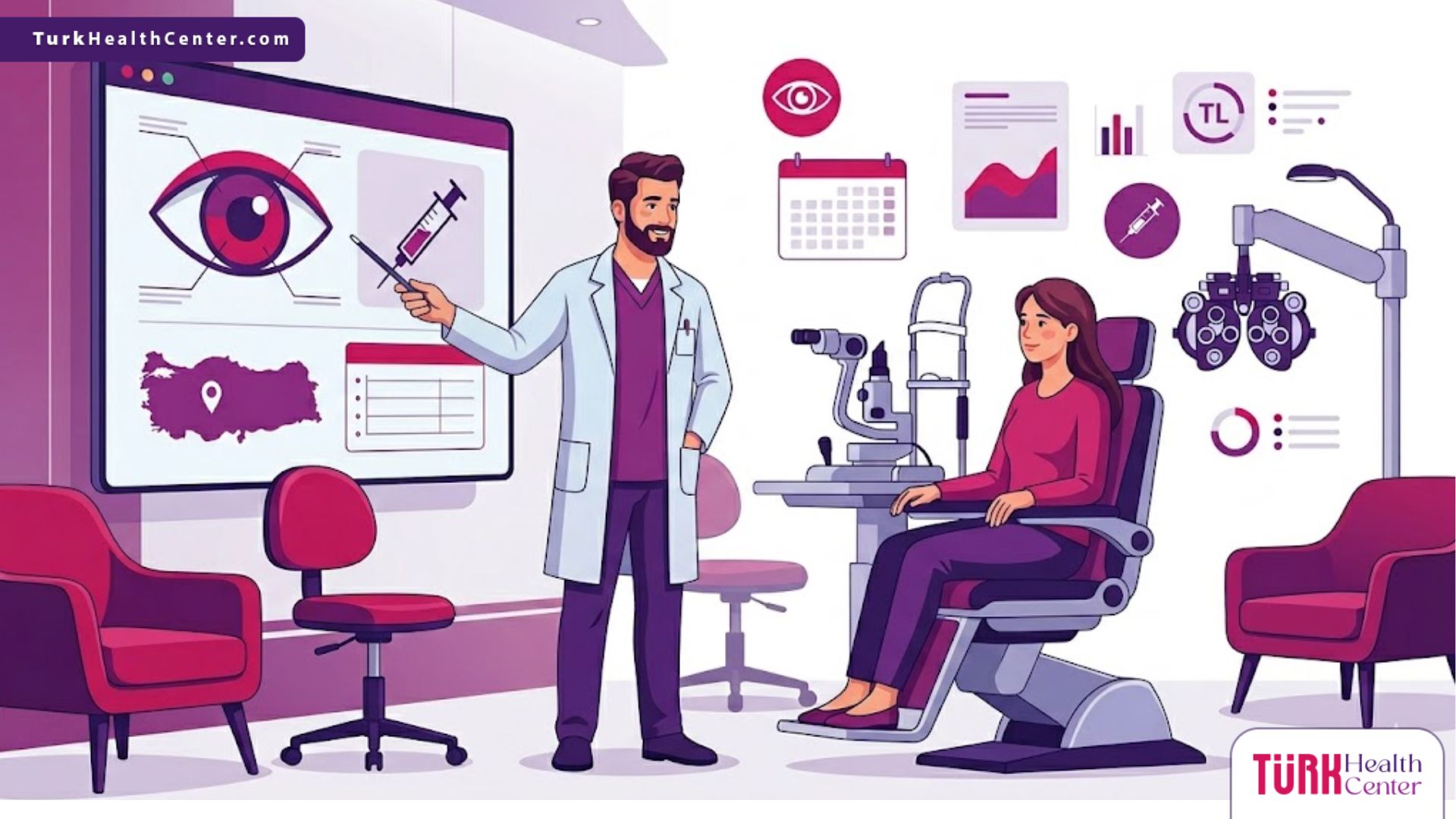 رسم توضيحي يظهر طبيب عيون يشرح تفاصيل إجراءات سعر حقن الكورتيزون للعين في تركيا لمريض داخل عيادة فاخرة 