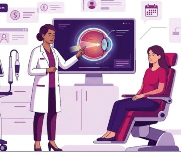 رسوم توضيحية فاخرة تظهر طبيب عيون يشرح تفاصيل سعر عملية سحب الماء الأبيض في تركيا لمريض في عيادة حديثة 