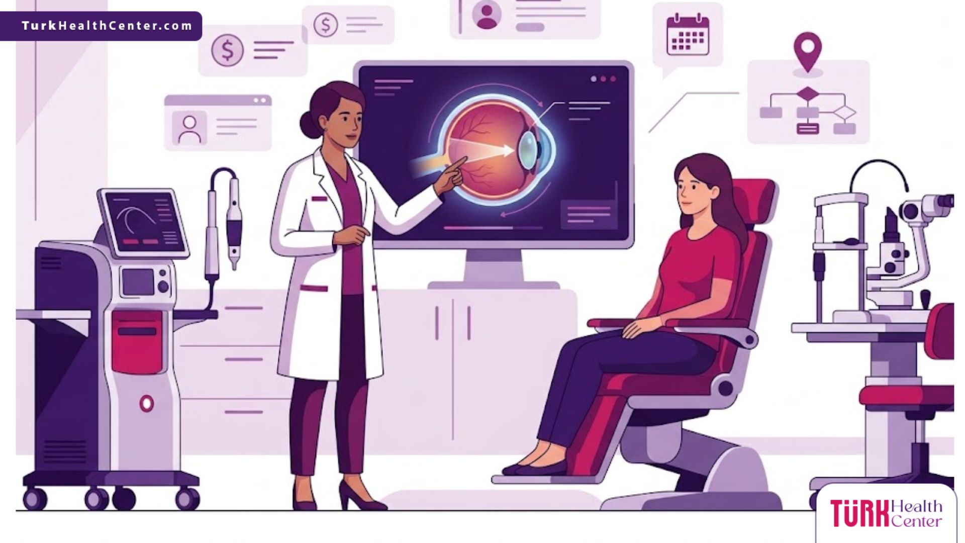 رسوم توضيحية فاخرة تظهر طبيب عيون يشرح تفاصيل سعر عملية سحب الماء الأبيض في تركيا لمريض في عيادة حديثة 