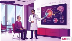 رسم توضيحي يظهر استشارة طبية لدى دكتور عيون تخصص أعصاب في تركيا داخل عيادة حديثة 