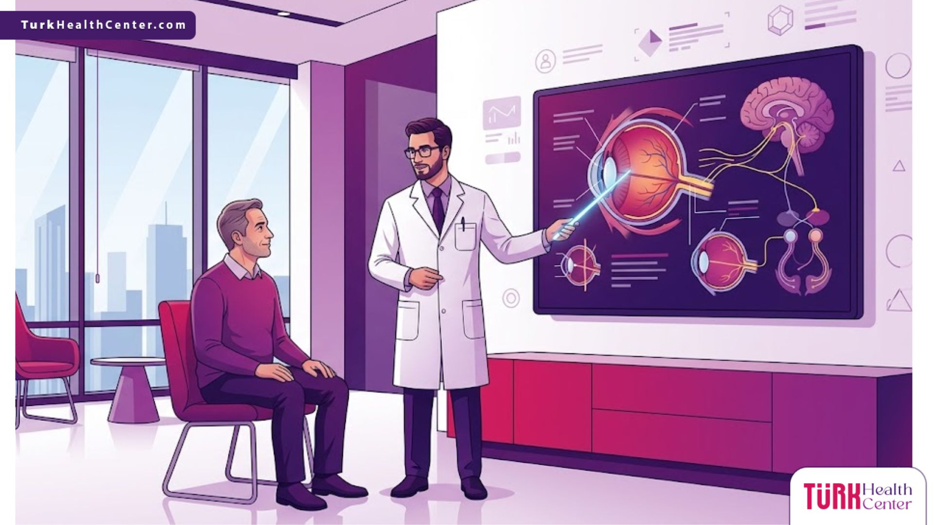 رسم توضيحي يظهر استشارة طبية لدى دكتور عيون تخصص أعصاب في تركيا داخل عيادة حديثة