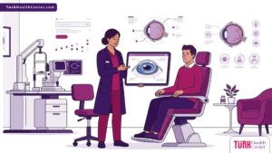 رسوم توضيحية توضح شرح طبيب متخصص حول سعر زراعة الحلقات للقرنية في تركيا داخل عيادة فاخرة 