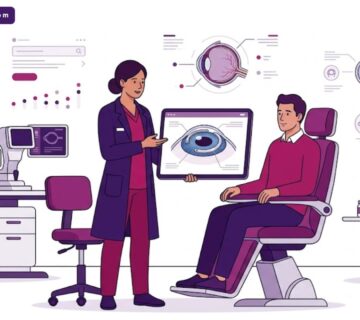 رسوم توضيحية توضح شرح طبيب متخصص حول سعر زراعة الحلقات للقرنية في تركيا داخل عيادة فاخرة 