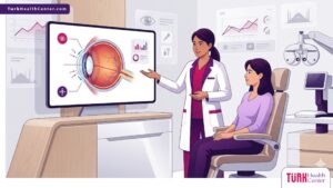 رسوم توضيحية لعيادة حديثة تشرح سعر عملية سحب الماء الأزرق في تركيا مع طبيب مختص ومريض 