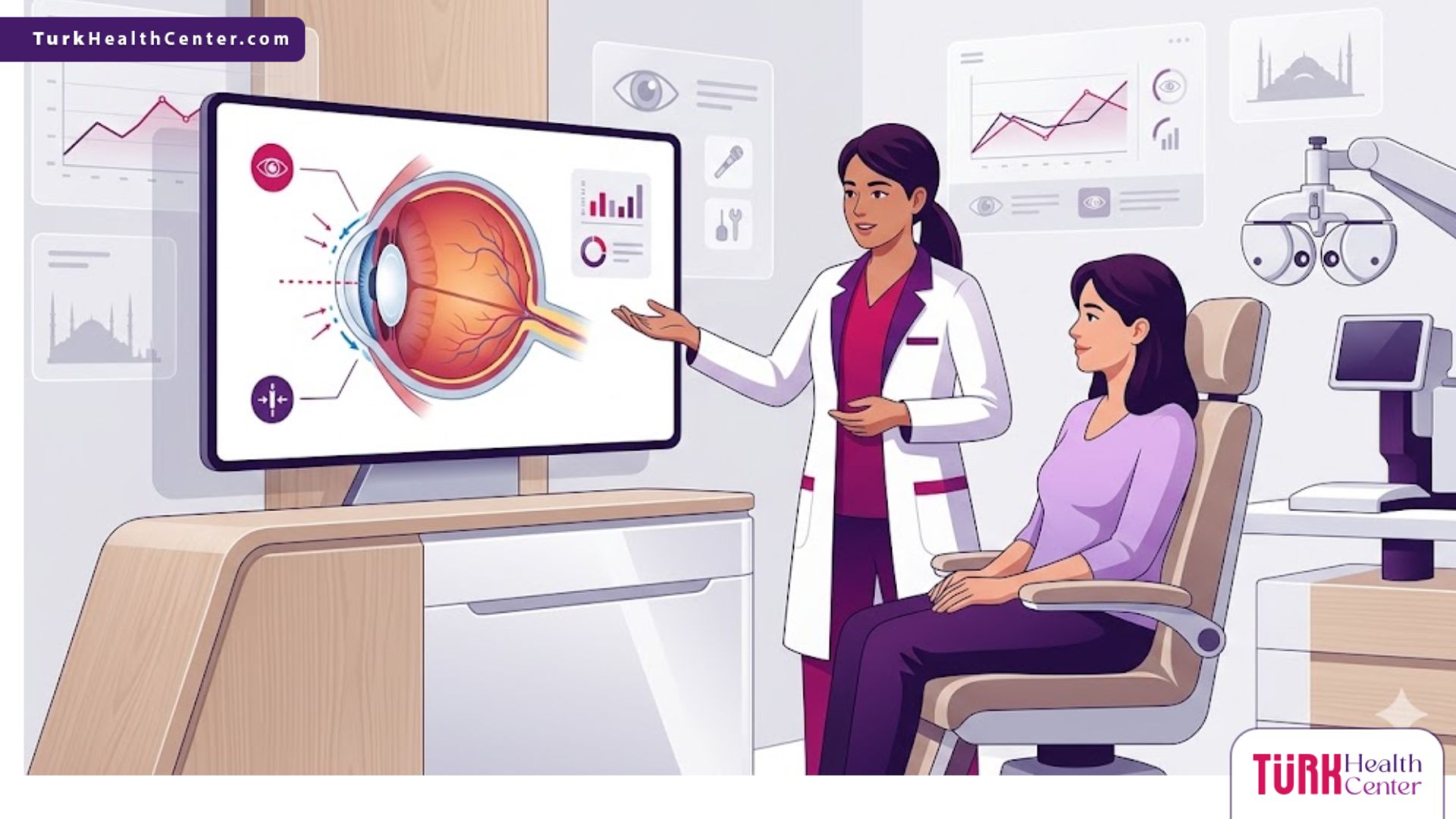 رسوم توضيحية لعيادة حديثة تشرح سعر عملية سحب الماء الأزرق في تركيا مع طبيب مختص ومريض 