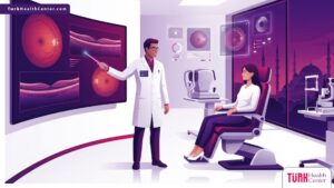 رسم توضيحي عصري لعيادة عيون فاخرة يظهر فيها دكتور عيون تخصص شبكية في تركيا يشرح الإجراءات الطبية للمريض 