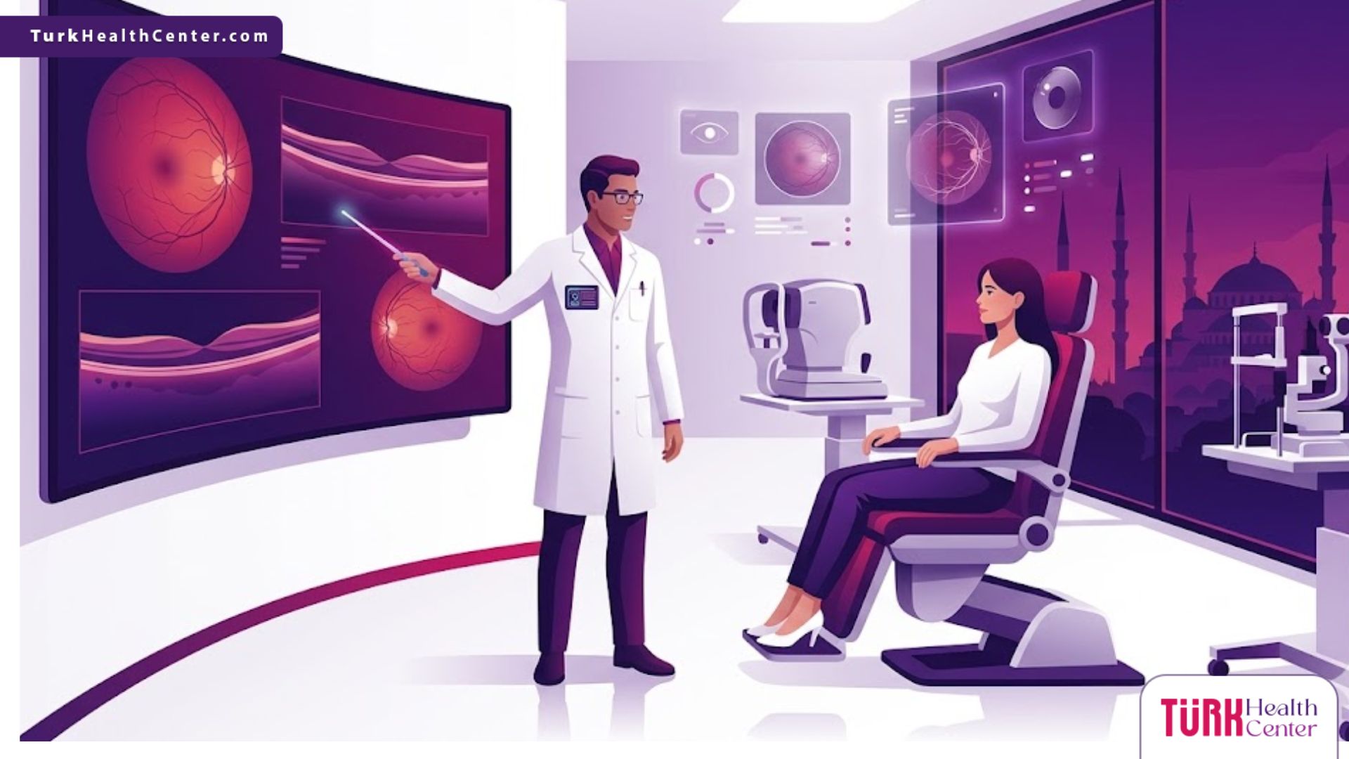 رسم توضيحي عصري لعيادة عيون فاخرة يظهر فيها دكتور عيون تخصص شبكية في تركيا يشرح الإجراءات الطبية للمريض