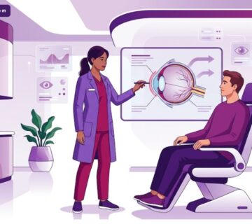 رسوم توضيحية حديثة تشرح سعر زراعة القرنية في تركيا داخل عيادة فاخرة مع طبيب متخصص 