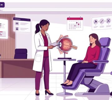 رسم توضيحي يوضح استشارة طبية متخصصة حول سعر عملية شحاذ العين (البردة) داخل عيادة فاخرة 