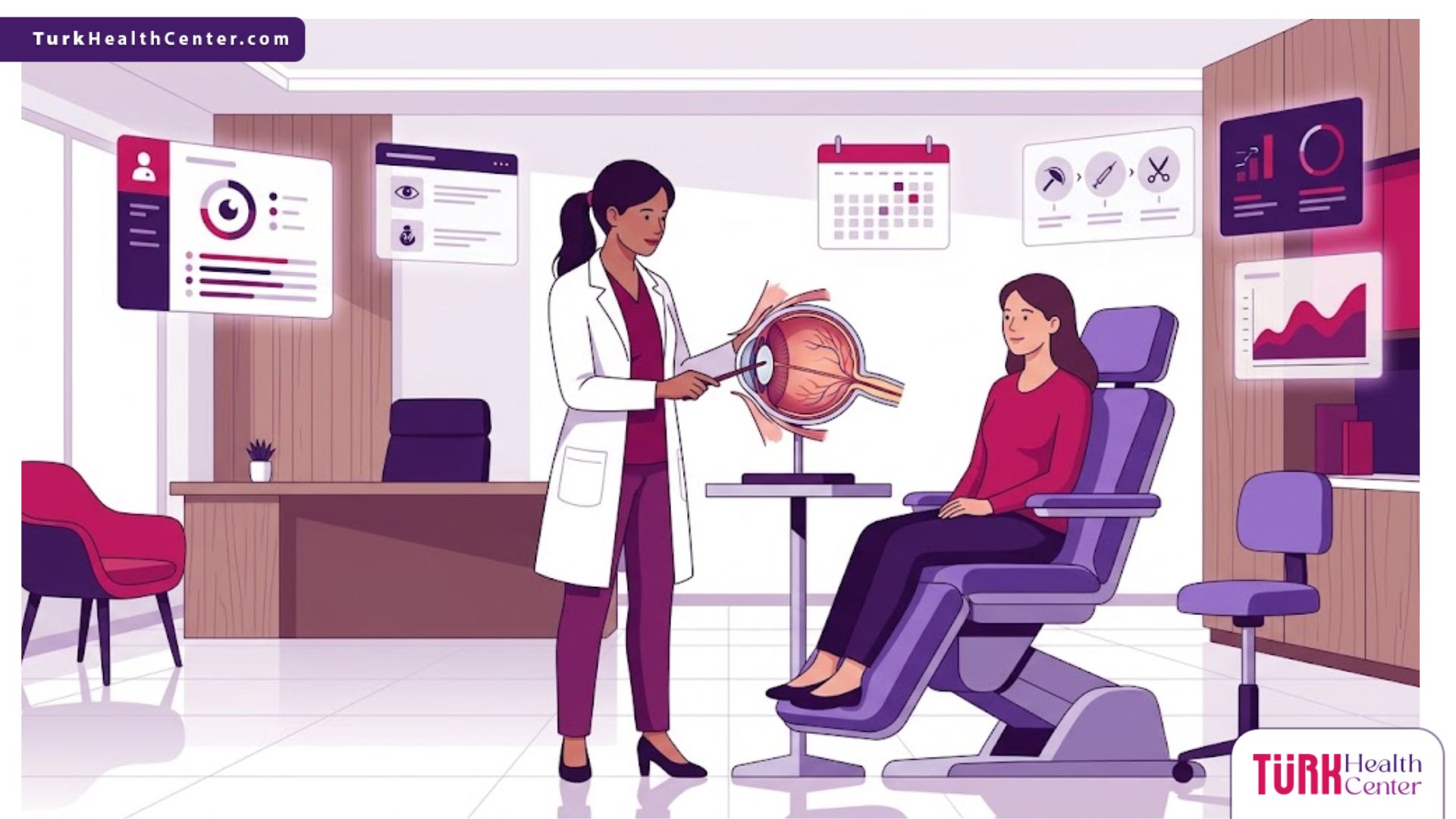 رسم توضيحي يوضح استشارة طبية متخصصة حول سعر عملية شحاذ العين (البردة) داخل عيادة فاخرة 