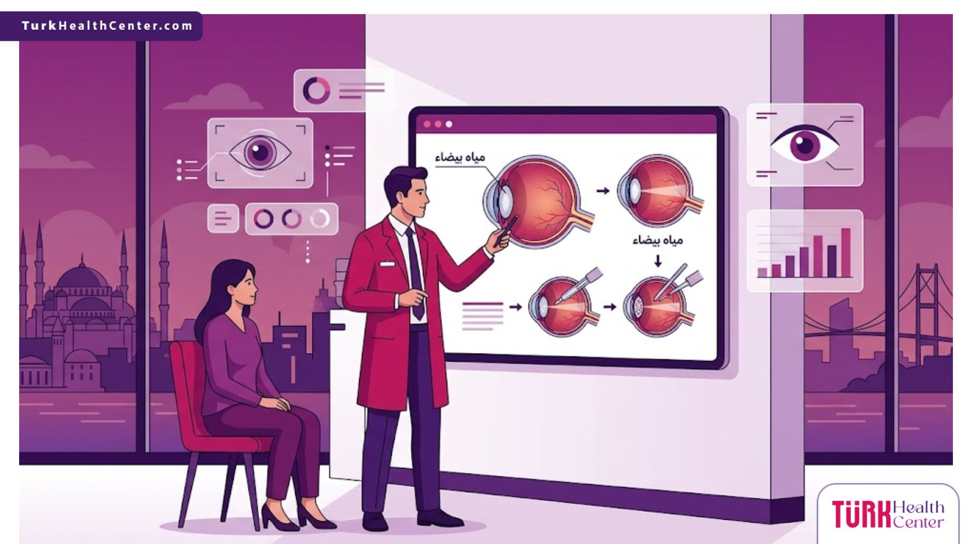 رسم توضيحي يظهر دكتور عيون تخصص مياه بيضاء في تركيا يشرح للمريض خطوات العملية في عيادة حديثة