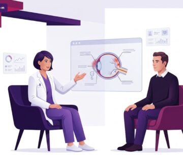 رسم توضيحي يظهر طبيب عيون يشرح مخاطر علاج جفاف العين في تركيا لمريض داخل عيادة فاخرة 